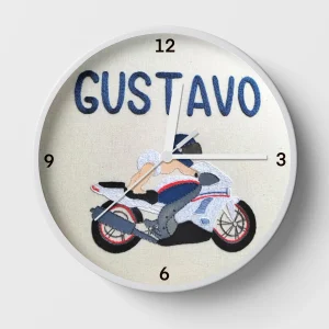 Hand-embroidered baby biker clock – personalized baby gift