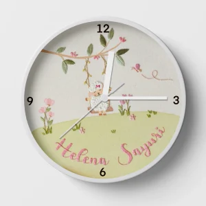 Personalised nursery clock with a hand-embroidered baby sheep