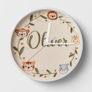 Hand-embroidered safari buddies clock – custom clock for kids