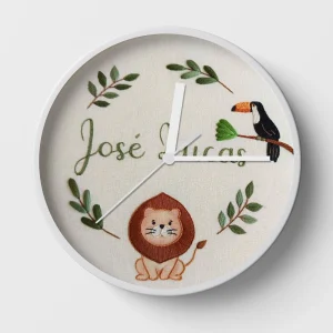 Hand-embroidered lion and toucan clock – gifts for son
