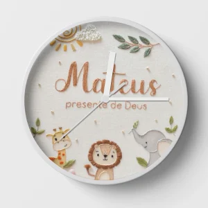 Hand-embroidered giraffe, lion, and elephant clock – presents for your friends