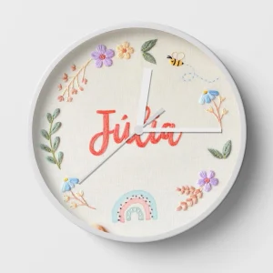 Hand-embroidered rainbow garden clock – custom clocks for kids
