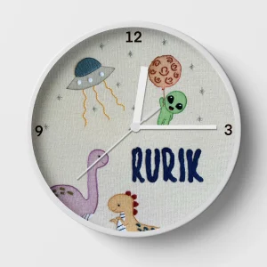 Hand-embroidered dino and alien clock – custom clock for kids