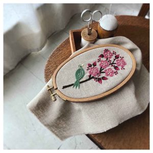 Hand-Embroidered Tapestry with Green Birds and Red Plum Blossoms