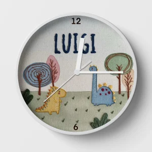 Hand-embroidered dinosaur clock – custom clock for kids