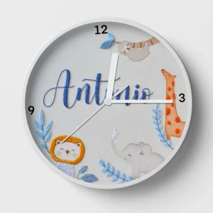 Hand-embroidered blue jungle parade clock – personalised baby boy gifts