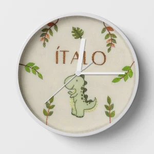Hand-embroidered leafy dino clock – dinosaur baby gifts