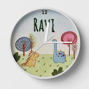 Hand-embroidered dinosaur clock – dinosaur gifts for kids