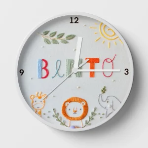 Hand-embroidered sunshine safari clock – baby gifts for newborns