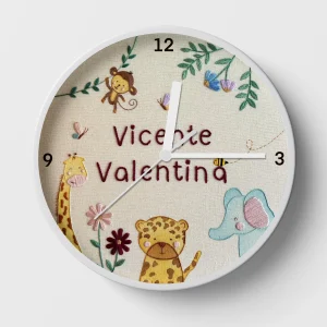 Hand-embroidered jungle twins clock – unique gifts for twin babies