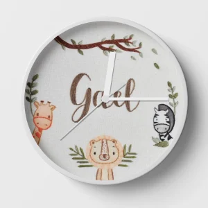 Hand-embroidered safari animal clock – animal room decorations