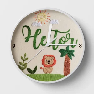 Hand-embroidered sunlit safari clock – unique baby names
