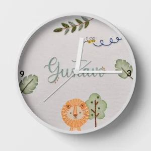 Hand-embroidered lion and bee clock – baby boy gifts