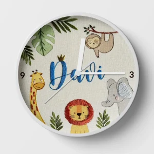 Hand-embroidered watercolor animal clock – best newborn gifts