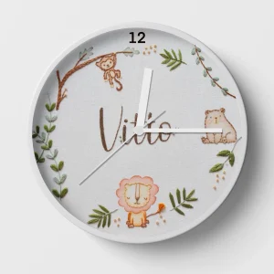 Hand-embroidered animal friends clock – baby room decor