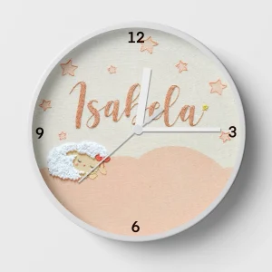 A silent wall clock for a baby girl's nursery with a sheep and stars