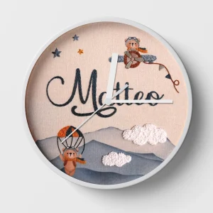 Hand-embroidered adventure bears clock – handmade wall clocks