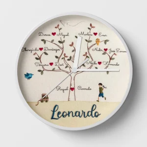 Hand-stitched family name clocks with a house and tree design.