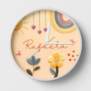 Hand-embroidered colorful rainbow and floral clock – childrens clock
