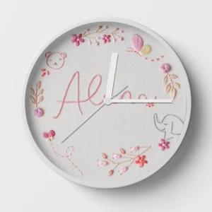 Hand-embroidered pink bear and butterfly clock – daughter gifts