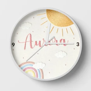 Hand-embroidered sunshine & rainbow clock – rainbow clock for kids