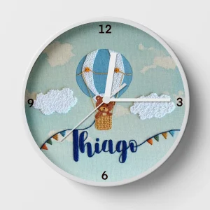 Hand-embroidered up, up & away clock – custom wall clock for kids
