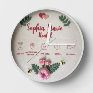 Hand-embroidered blossom keepsake clock – floral clock for nursery