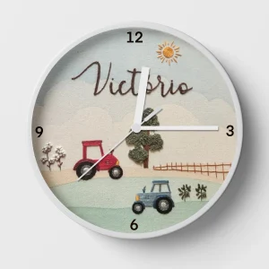 A personalised farmhouse wall clock with a red and blue tractor
