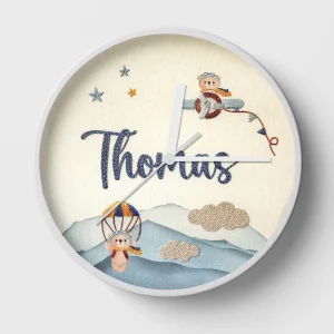 Hand-embroidered sky adventure clock – personalised wall clock for kids