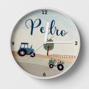 A personalised kids clock featuring a blue and a green tractor