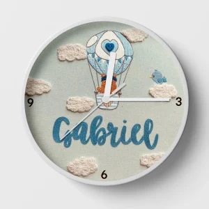 Hand-embroidered blue balloon bear clock – childrens bedroom wall clocks