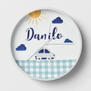 A blue wall clock shown as a cool table clock with its stand