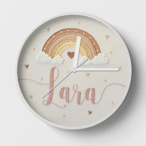 Hand-embroidered rainbow hearts clock – nursery wall clock for kids
