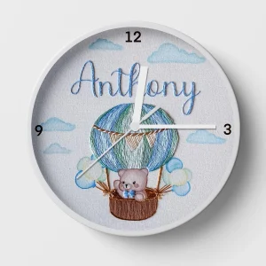 Hand-embroidered up, up & away clock – kids clock for nursery