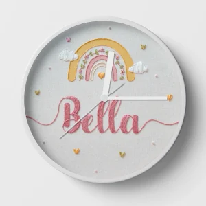Hand-embroidered rainbow love clock – children’s wall clocks for girls