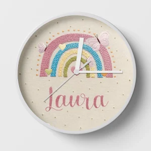 Hand-embroidered rainbow butterflies clock – personalised first birthday gifts