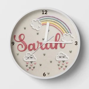 Hand-embroidered rainbow clouds clock – personalised wall clock for kids