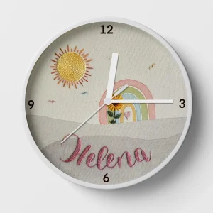 Hand-embroidered sunflower rainbow clock – custom wall clock for kids