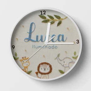 Hand-embroidered safari friends clock – customized gifts for newborn
