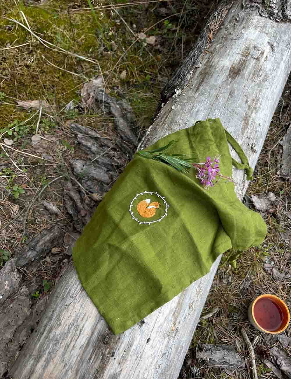 Green Linen Hand Embroidered Pouch with Little Fox and Baby Name 7