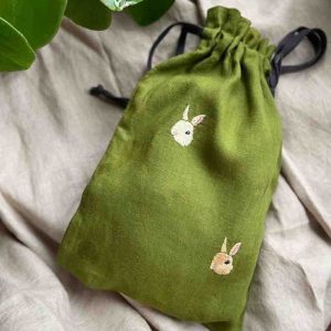Green Linen Hand Embroidered Pouch with Rabbit 2