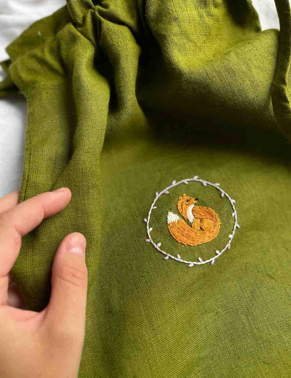 Green Linen Hand Embroidered Pouch with Little Fox and Baby Name 3