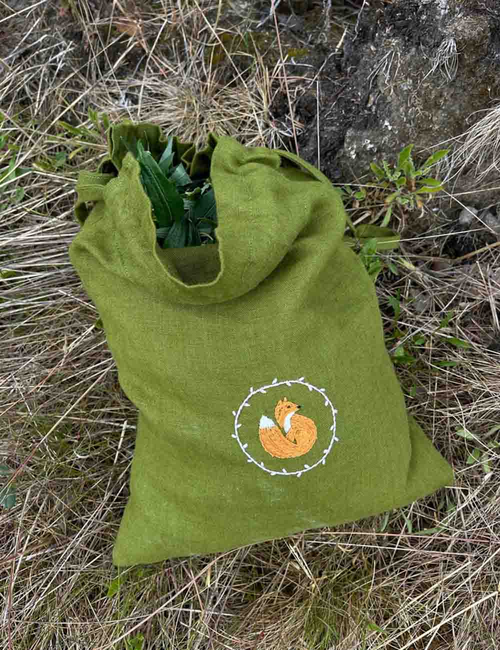 Green Linen Hand Embroidered Pouch with Little Fox and Baby Name 6