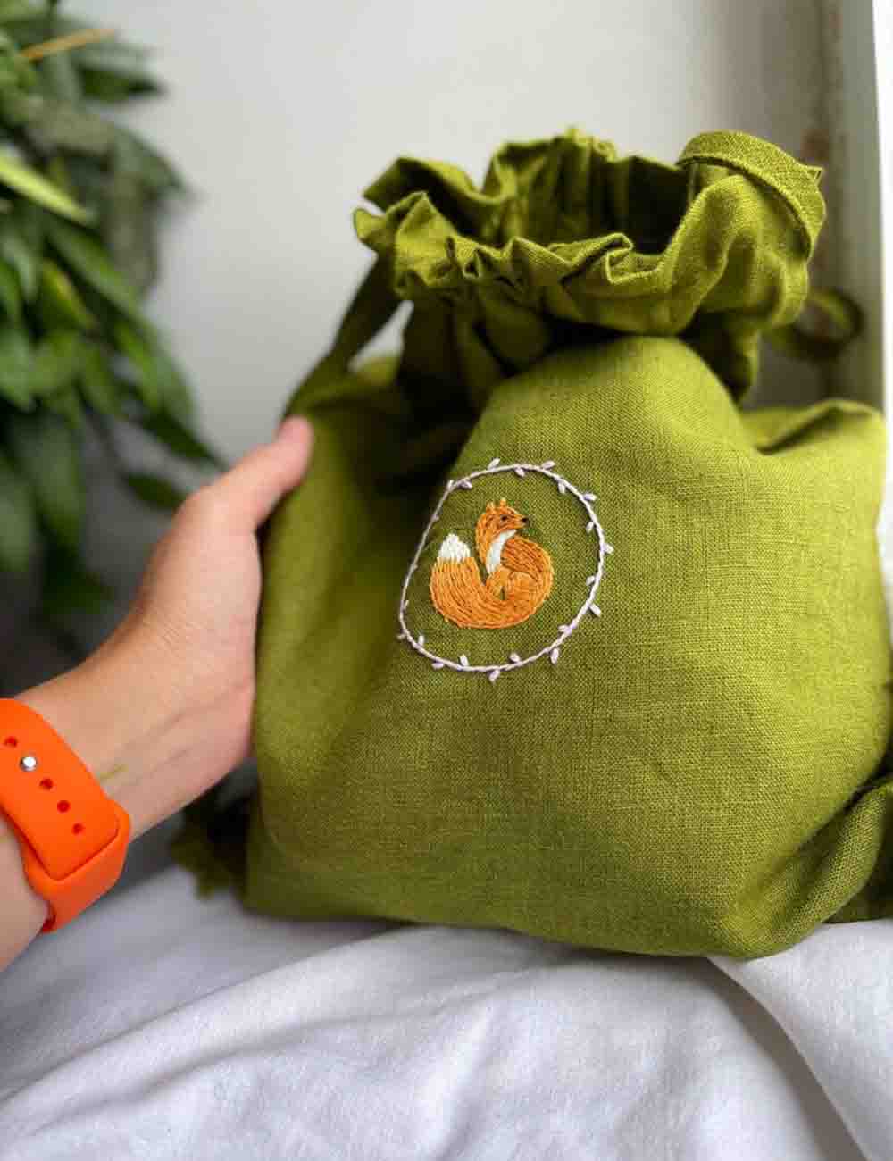 Green Linen Hand Embroidered Pouch with Little Fox and Baby Name 2