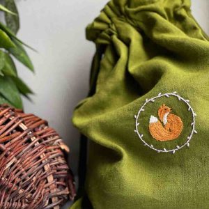 Green Linen Hand Embroidered Pouch with Little Fox and Baby Name 1