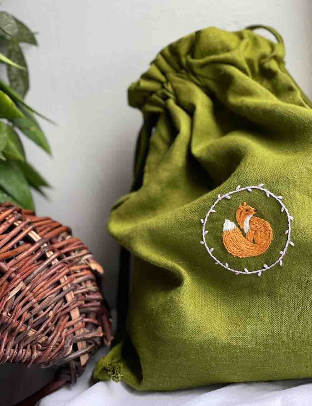 Green Linen Hand Embroidered Pouch with Little Fox and Baby Name 1