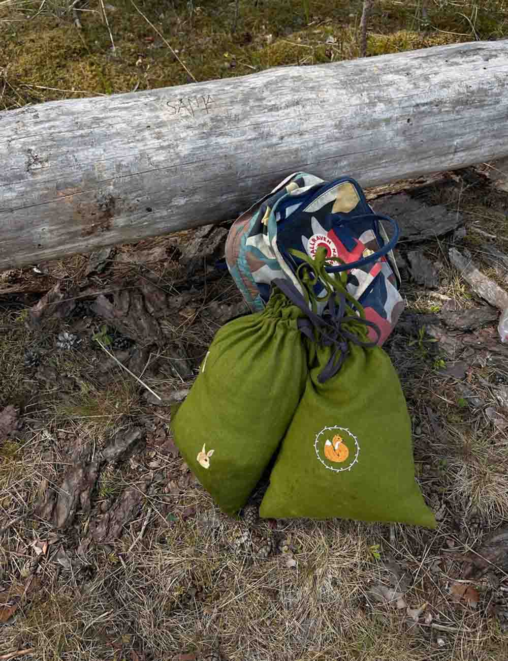 Green Linen Hand Embroidered Pouch with Little Fox and Baby Name 5