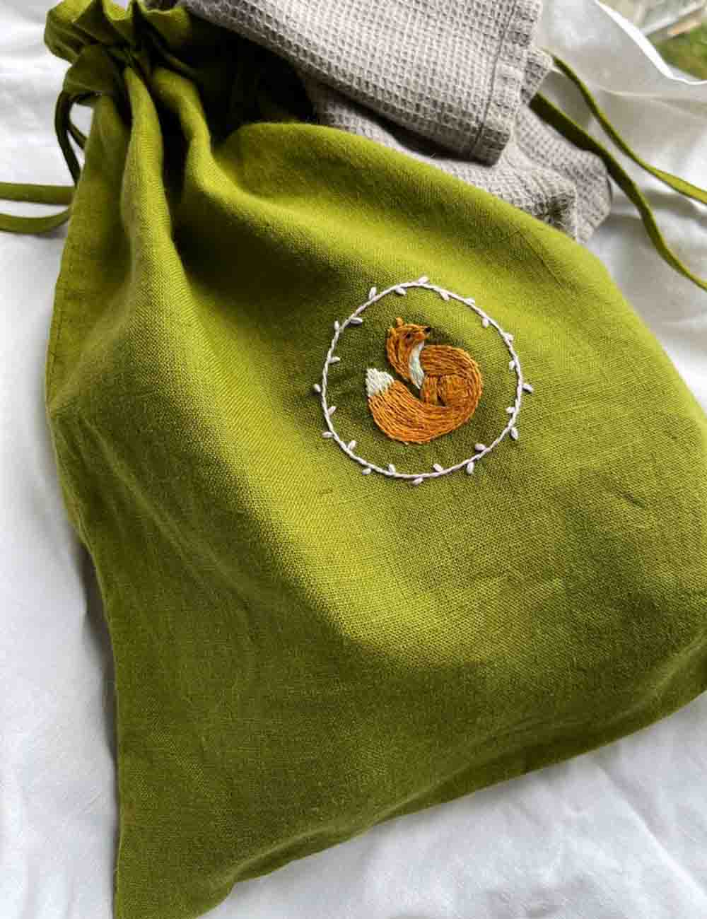 Green Linen Hand Embroidered Pouch with Little Fox and Baby Name 4