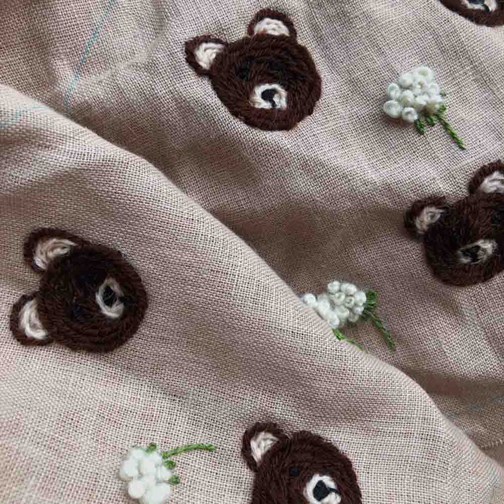 Linen Handmade Baby Sun Bonnet with Bear Hand Embroidered 2