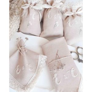 Hand Embroidered Drawstring Bag with Couple's Initials